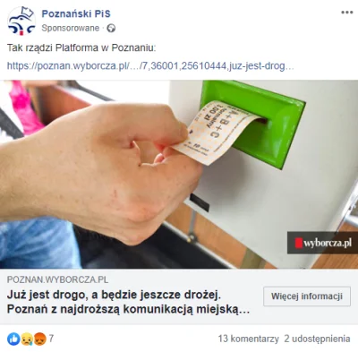 CzasNaPoznan - Fanpage "Poznański PiS" promuje na Facebooku post o podwyżkach cen kom...