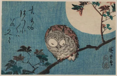 myrmekochoria - Utagawa Hiroshige (1792 - 1858), Sowa na gałęzi klonu podczas pełni k...