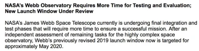 J.....I - Kosmiczny Teleskop Jamesa Webb ma poślizg ~rok. Nowa data startu maj 2020. ...