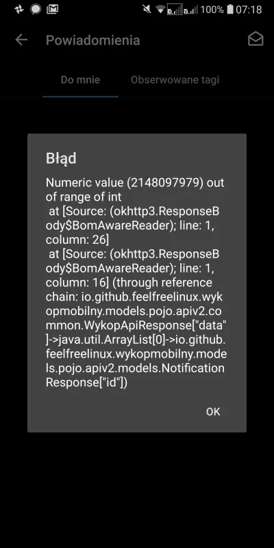 szpongiel - Takiego errora mi wywala w #otwartywykopmobilny na ekranie powiadomienia ...