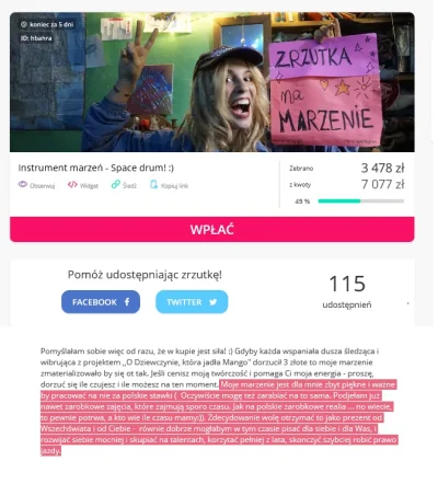 Gembi - Kobieta zbiera pieniądze na swoje marzenie na zarzutce.pl z takimi tekstami.
...