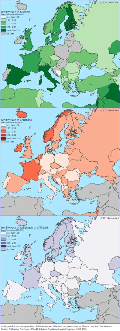 erarez - Mapa z dzietnością kobiet w Europie według religii. Jak widać bzdurą jest, ż...