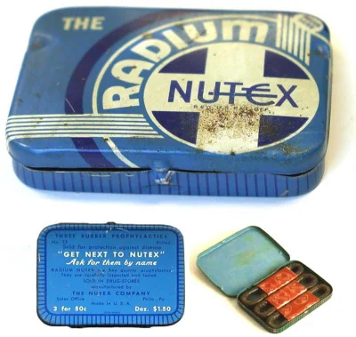 myrmekochoria - Prezerwatywy NUTEX z radem, aby świeciły w ciemności, lata 40. XX wie...