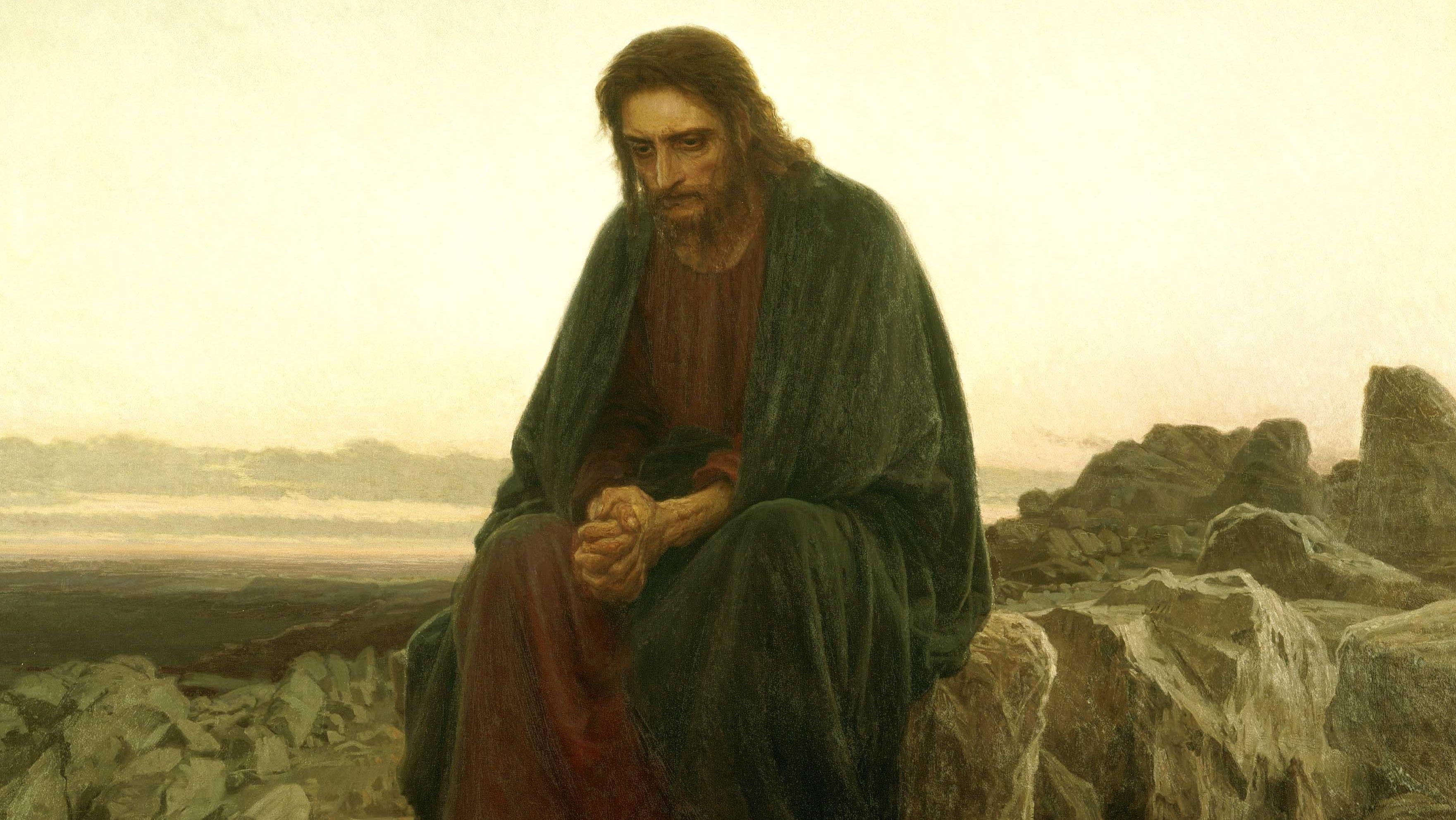 Господь страдать. Христос в пустыне 1872 Крамской. Христос в пустыне Крамской. Иисус в пустыне картина Крамского.