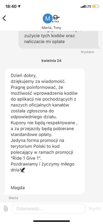 blonskyyy - Mi napisali ze te kody nie są z oficjalnej strony birda i nie będą działa...