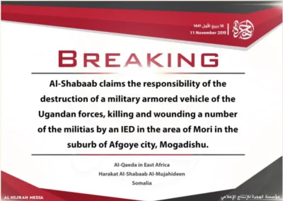 K.....e - Harakat Al Shabab zaatakowalo wojsko Ugandy i zniszczylo jeden z pojazdow.
...