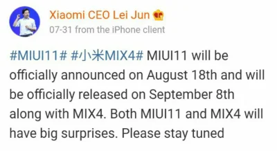 Tomek_Tcz - #miui 11 zostanie ogłoszony 18 sierpnia, a wydany 8 września wraz z mi mi...