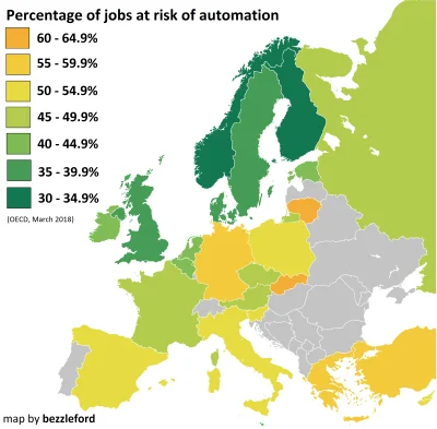 Bednar - Odsetek miejsc pracy w poszczególnych krajach europejskich zagrożonych autom...