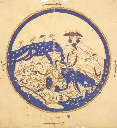 C.....l - Planisfera Al-Idrisiego, czyli mapa świata z 1154 roku. Północ zorientowana...