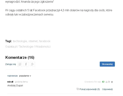 m.....k - Artykuł na gazeta.pl na temat luki w facebooku i najbardziej plusowany kome...