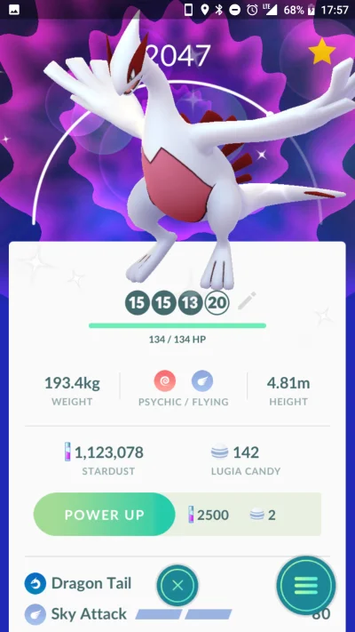 vaultboy - 39. Lugia (46. w ogóle; dziś też 4 plusy, 1 minus i daktyl)
#pokemongo