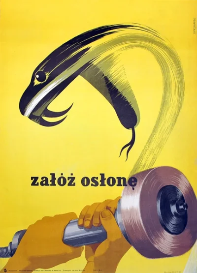 bijotai - Oryginalny polski plakat społeczny BHP “Załóż osłonę” 1957 rok. 
Projekt J...
