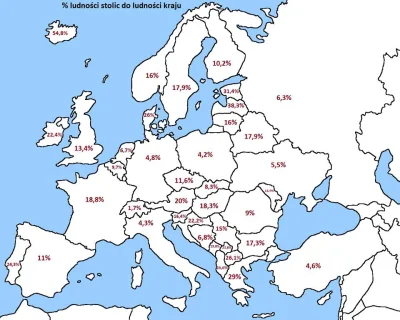 kvmyl1234 - Ciekawa mapa % ludności stolic do ludności kraju 
#mapporn #kartografiae...