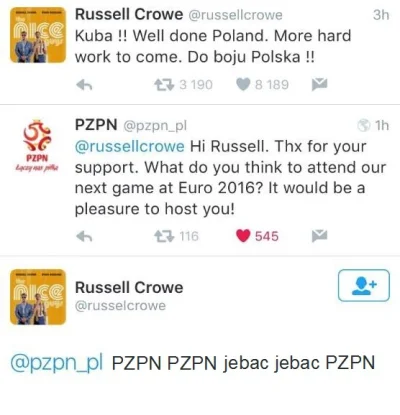 gremjjum - Odpowiedź Russell'a Crowe na tweeta PZPNu!
#heheszki #euro2016 #mecz #twi...