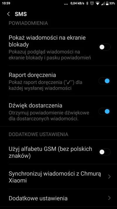 agajotek - Ustawienia - aplikacje systemowe - SMS - użyj ALFABETU GSM (bez polskich z...