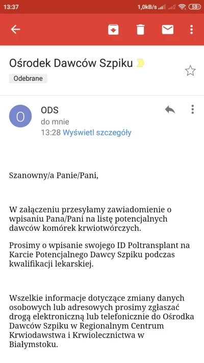 itec - Po dwóch tygodniach od rejestracji przyszedł mail.

#dawcaszpiku #szpik #rck...