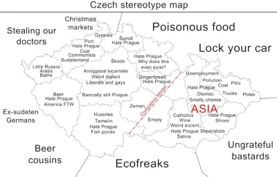 ka_w - Czeska mapa stereotypów, dobrze widoczne wewnętrzne animozje wschodnio-zachodn...