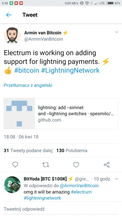 p.....4 - Electrum pracuje nad integracją Lightning Network https://twitter.com/Armin...