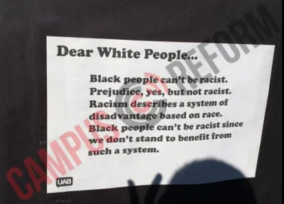 T.....s - "Drodzy biali... Czarnoskórzy nie mogą być rasistami."

Takie ogłoszenie ...