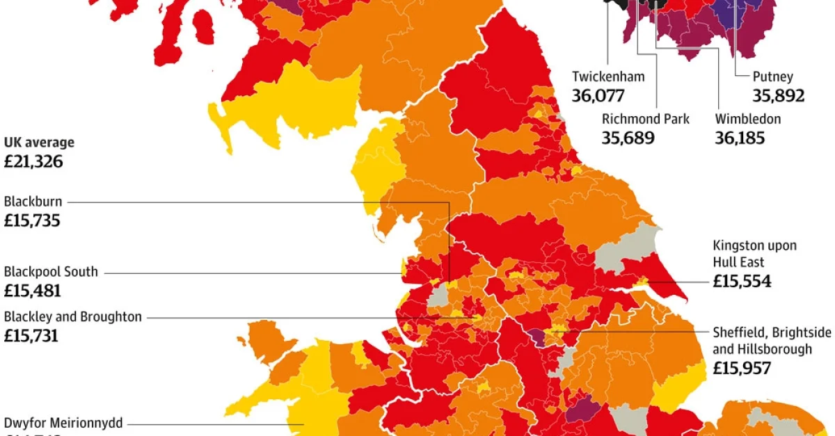 Mapa mediany zarobków w UK. Jak już emigracja,... FF0000 Wykop.pl