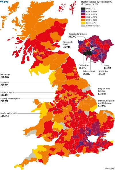 FF0000 - Mapa mediany zarobków w UK. Jak już #emigracja, to #Londyn - bo tam jest cie...
