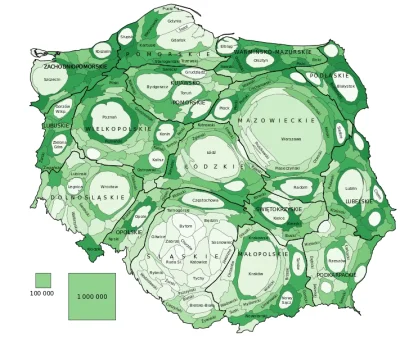 Hamalesn - Liczba mieszkańców wg powiatów. Wielkość powiatów jest w przybliżeniu prop...