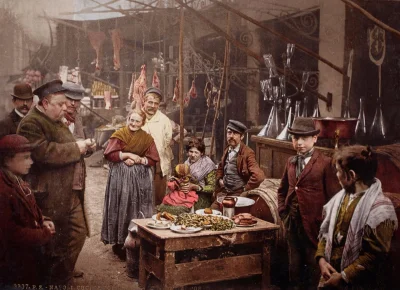 myrmekochoria - Jedzenie sprzedawane na ulicy Strada del Porto w Neapolu, Włochy 1899...
