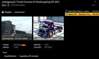 ACLeague - Truck FUNRACE
serwer testowy/preq
hasło - FUNRACE
auta - Volvo FH Truck...