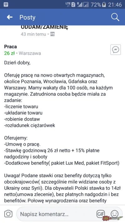 toxyczny - Uwaga! Promocja! Stawka 26 netto i benefity tylko dla Ukraińców i Syryjczy...