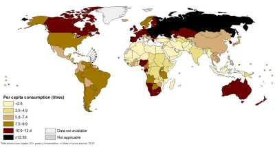 erwit - roczna konsumpcja alkoholu na świecie wg WHO #mapy #alkohol #socjologia #fbpa...