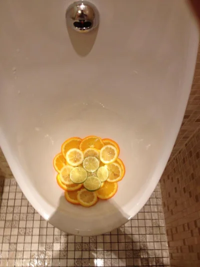 O.....9 - Pisuar w męskiej toalecie wyłożony plasterkami świeżych pomarańczy, cytryn ...
