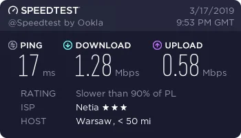 Bova - #netia #speedtest 



Netia, Wołomin, 2019 rok , cena za miesiąc 60zł. W u...