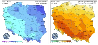 Pannoramix - Mapy pokazujące średnią temperaturę miesięczną marca na przestrzeni osta...