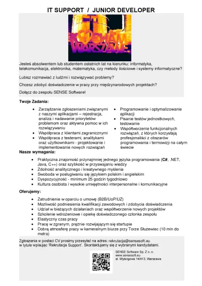 sense-rekrutacja - IT Support / Junior Developer poszukiwany!

 Kto: Sense Software...