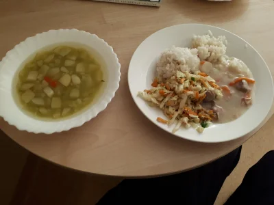 M_longer - Czwartkowy obiad; zupa kartoflanka, na drugie ryż z sosem, surówka i mięso...