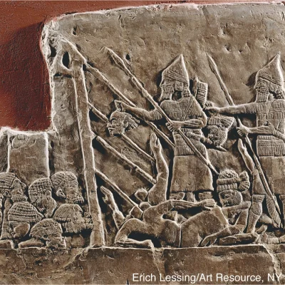 myrmekochoria - Asyryjscy żołnierze rzucają głowy na stertę.