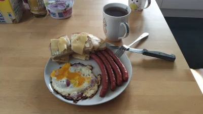 Stan_Przedzawalowy - Śniadanie do oceny, frankfurterki i jajka na salami.
#foodporn #...