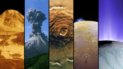 Niedowiarek - Wulkanizm na różnych ciałach niebieskich - od lewej Wenus, Ziemia, Mars...