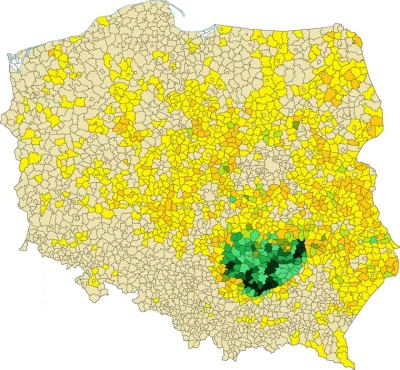 BobMarlej - Mapa występowania niskich temperatur w Polsce. Im ciemniejsza zieleń, tym...