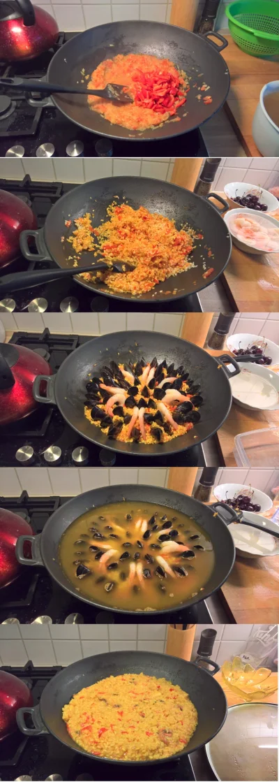 trzeci - #paella z owocami morza: krewetki + mule. 
* Baza podstawowa: oliwa, cebula...