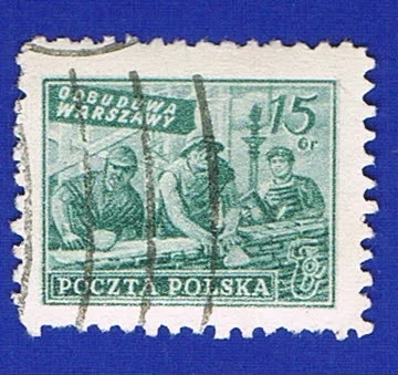 m.....3 - Odbudowa Warszawy na znaczku z 1950r.