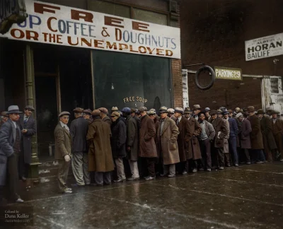 r.....0 - Bezrobotni z Chicago stoją w kolejce po darmową zupę w czasie Wielkiej Rece...
