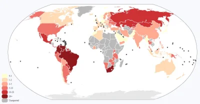 pogop - Roczna liczba zabójstw na 100 000 obywateli w różnych krajach w 2006 roku

...