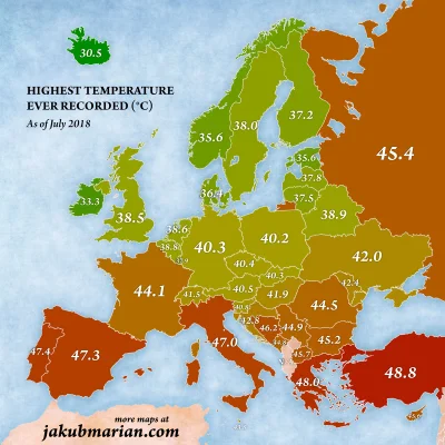 wypoke - Najwyższa odnotowana temperatura w poszczególnych krajach.

#mapy #mapporn...