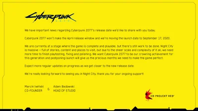 janushek - Breaking News: Cyberpunk 2077 opóźniony XD 
Nowa data premiery to 17 wrze...