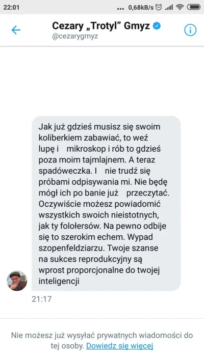 skywalkergw - Gmyz jaką mi wiadomość na TT napisał XDDDDDDD a ja się tylko zapytałem ...