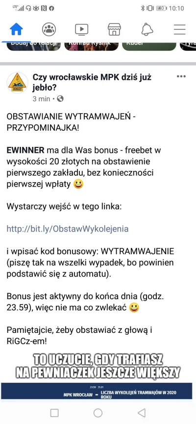 KetevaN - Można ponoć 'darmowe' 20 zł obstawić na wytramwajenie 

https://www.faceboo...