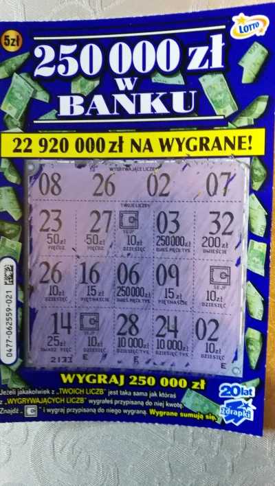 SoDeniusz - Kupiłem 21 zdrapek (oczywiście niebieskie) wydane 105 zł. W zdrapkach wyg...