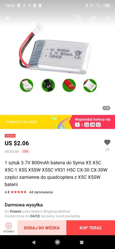 sebekss - @wonsz4954 pewnie standardowa 3.7V 800mAh. 
Ale na razie nie kupuje, zrobie...