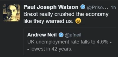 sorek - Odczuwalne skutki Brexitu?

Mamy od 42 lat najniższe bezrobocie w #uk - 4.6...